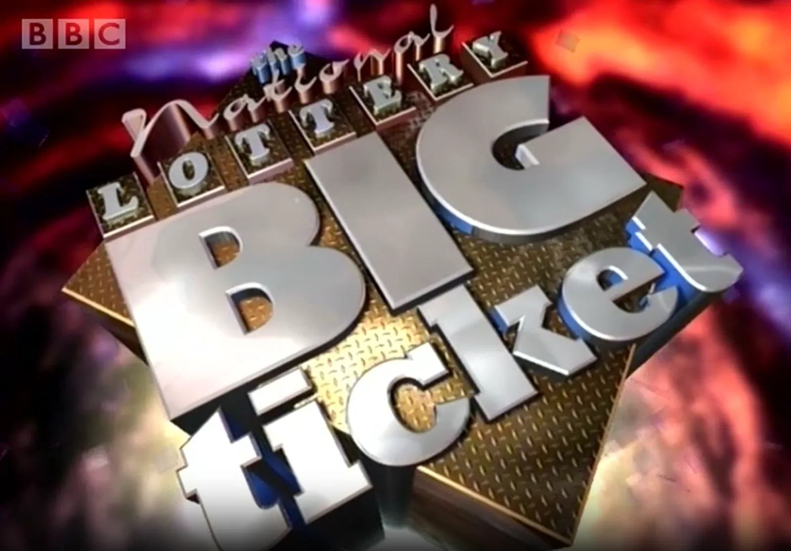 Computer-generated frame with a BBC logo above a metallic three-dimensional “The National Lottery Big Ticket” title on a red and purple background.