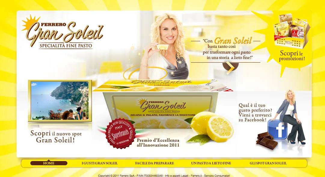 Yellow Gran Soleil promotional webpage featuring Antonella Clerici, a large lemon-flavour tub, sliced lemons and promotional products.