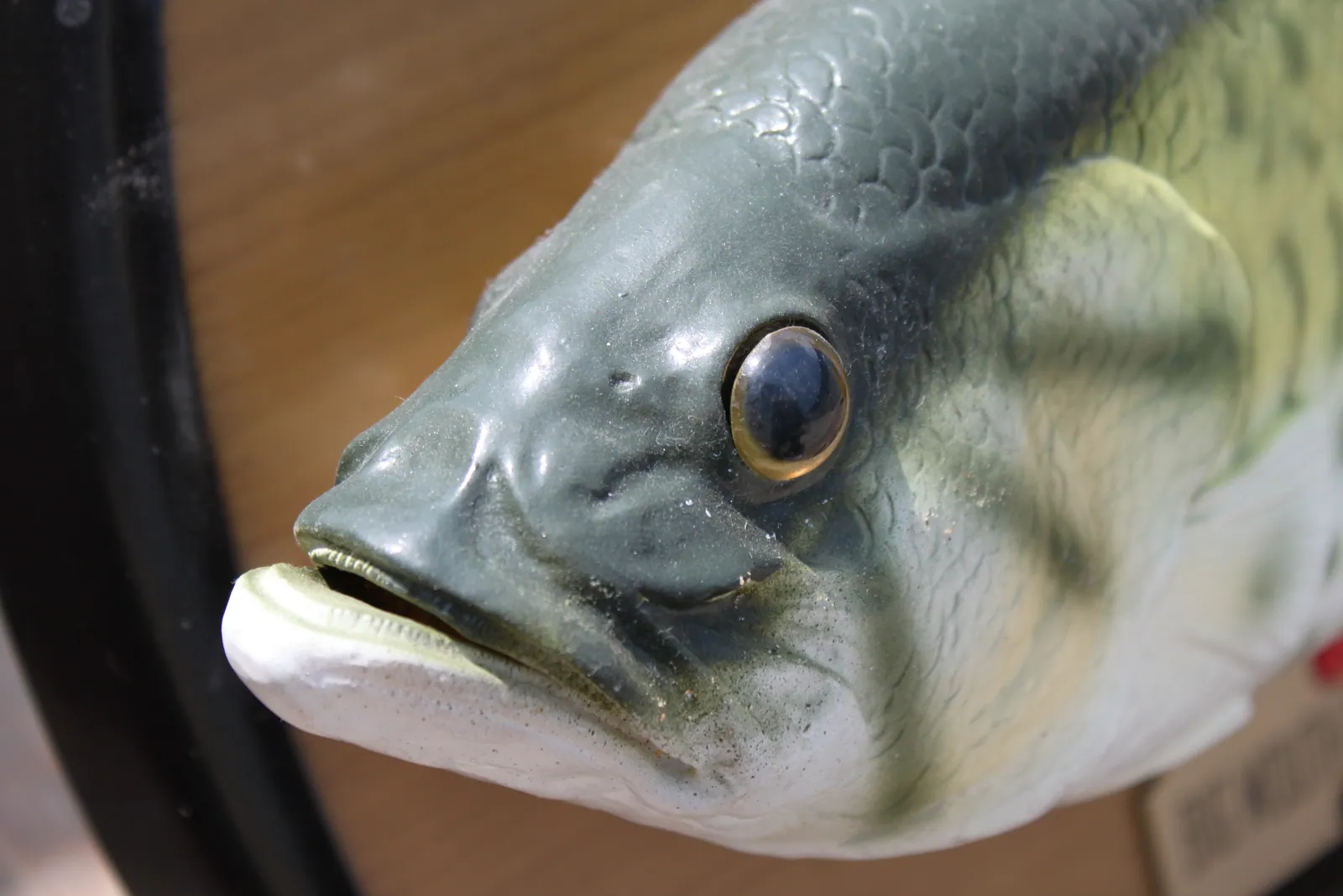 Extreme close-up of a painted gray-green artificial fish head in profile, showing a glossy dark eye, overlapping molded gill plates and textured surface details against a blurred brown-and-black background.