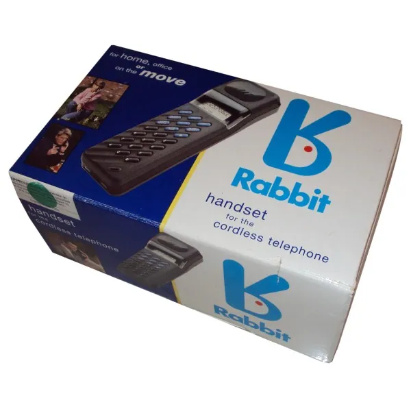 Angled view of a white and dark-blue Rabbit cordless telephone handset box, printed with a large blue Rabbit logo, photographs of the handset, and the words "handset for the cordless telephone."