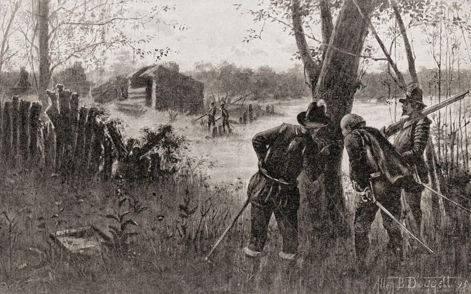 Black-and-white illustration of armed colonists examining a tree near an abandoned settlement.