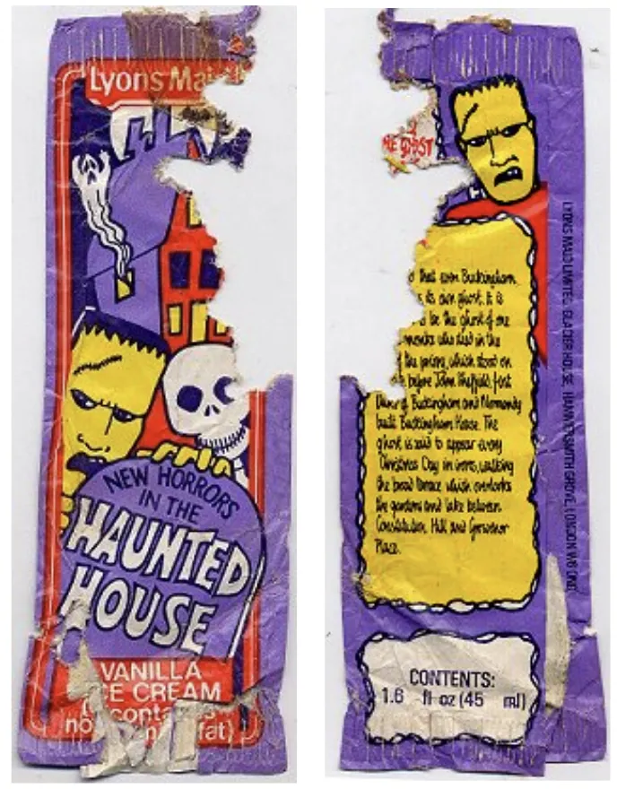 Side-by-side photographs of the damaged front and back of a purple Lyons Maid Haunted House vanilla ice cream wrapper.