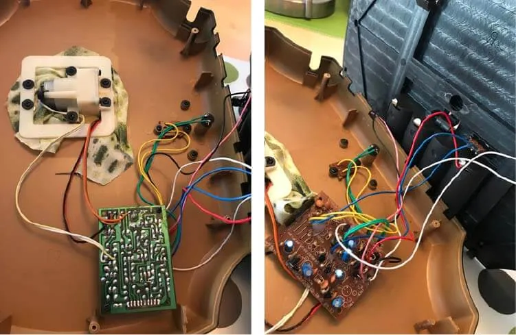 Two views inside an opened Billy Bass showing wiring and circuit boards.