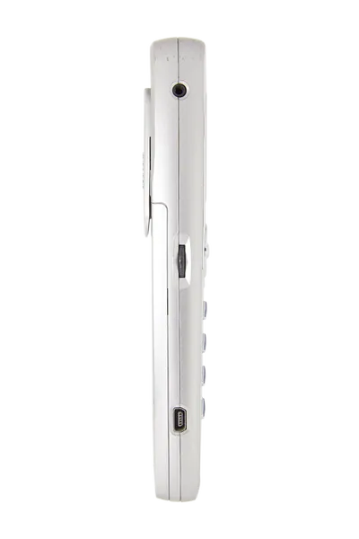 Side profile of a silver Haier P7 showing the pocket clip, side control, audio socket and charging connector.