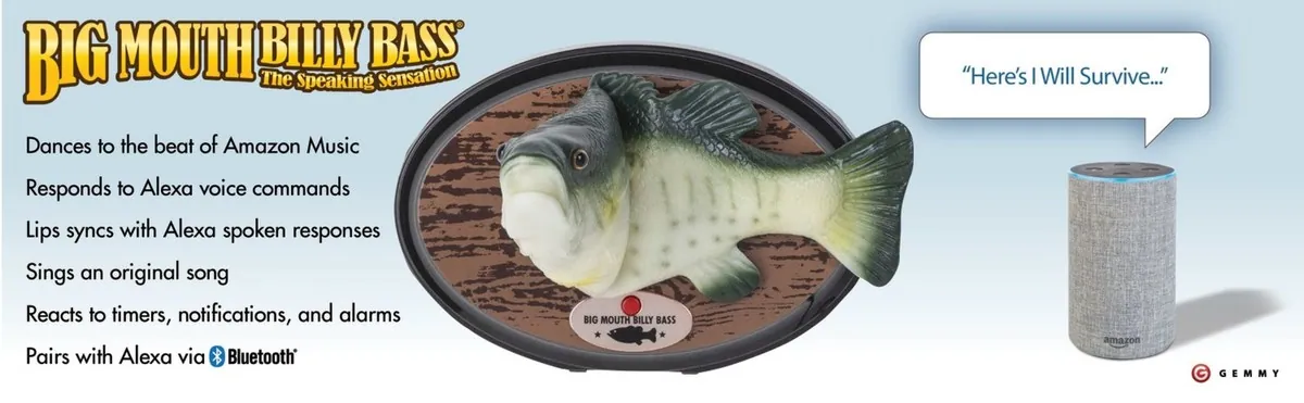 Big Mouth Billy Bass pictured beside an Amazon Echo speaker in a promotional graphic.