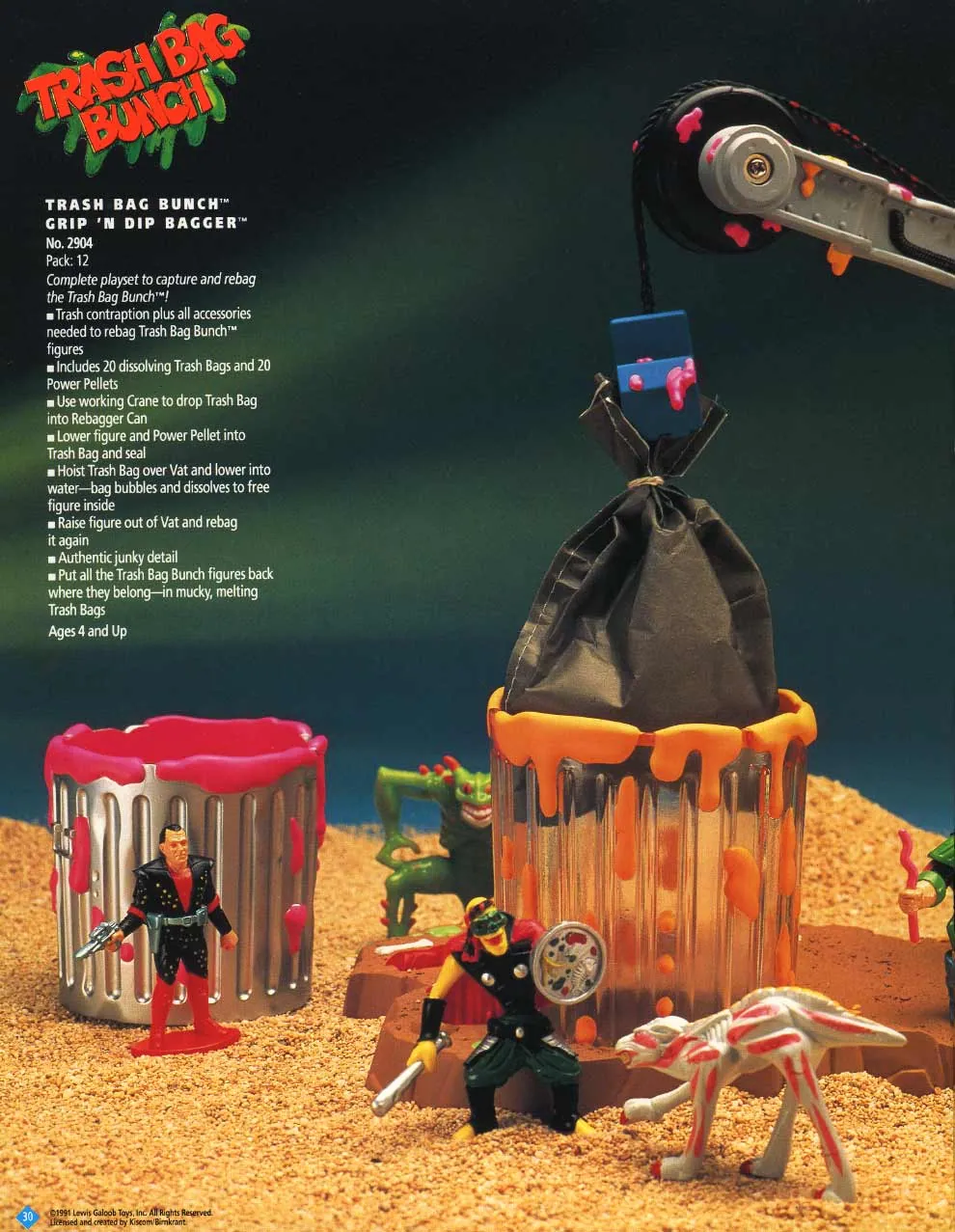 Catalogue page for the Grip ’n Dip Bagger showing a crane lowering a tied black bag into a tall orange-rimmed container, with a second metal-look bin and four colorful figures below.