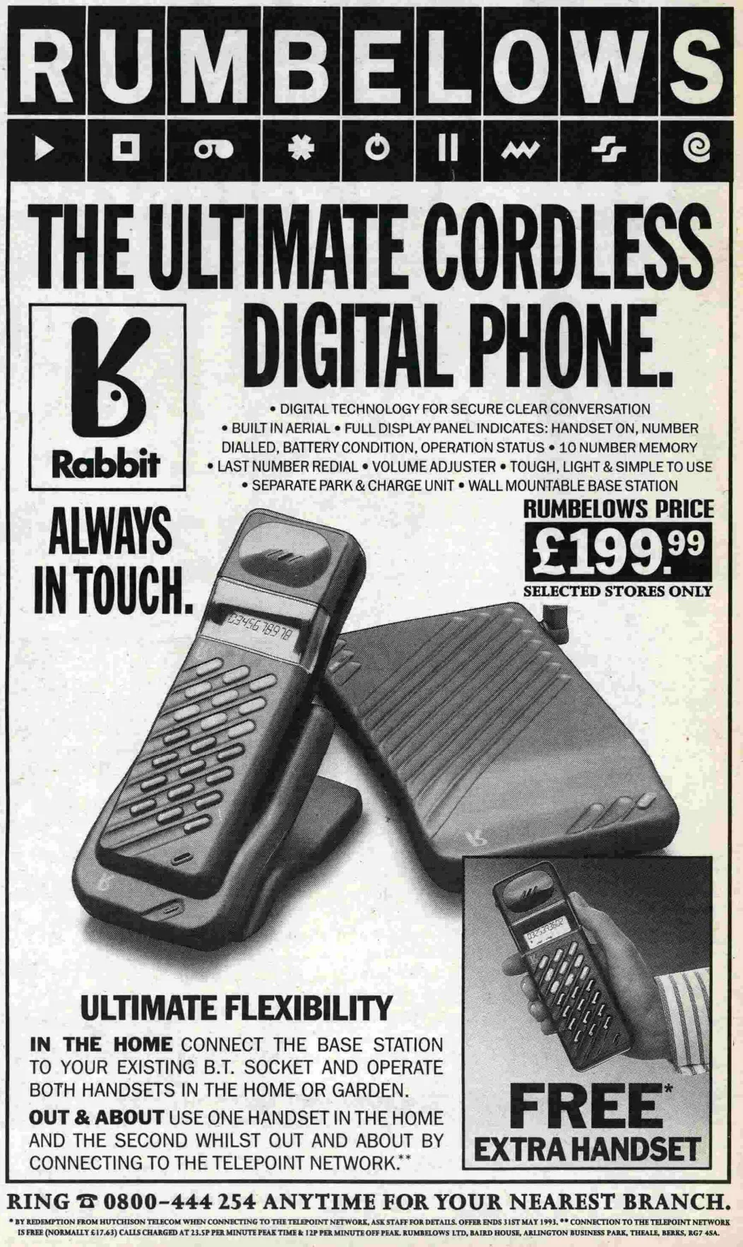Black-and-white Rumbelows newspaper advertisement for the Rabbit cordless digital phone, showing a handset in a charging cradle beside a ribbed base unit and a small inset photograph of a person holding the handset. Large text advertises a price of £199.99 and a free extra handset.