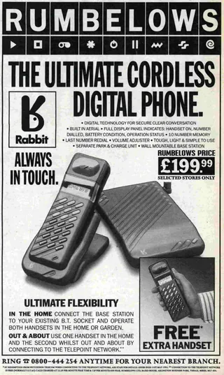 Black-and-white Rumbelows newspaper advertisement for the Rabbit cordless digital phone, showing a handset in a charging cradle beside a ribbed base unit and a small inset photograph of a person holding the handset. Large text advertises a price of £199.99 and a free extra handset.