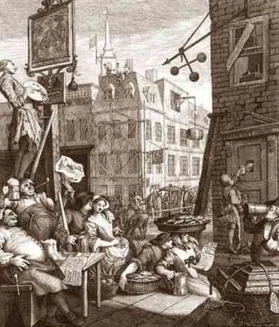 Eighteenth-century street engraving showing crowded taverns, drinkers and vendors in a London lane.