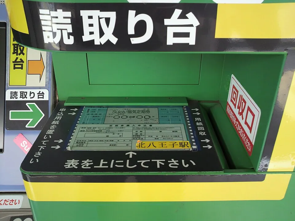 Close-up of a green-and-yellow document platform beneath a large Japanese label reading “reading table.” A Japanese railway form lies face up under a horizontal cover, with arrows and instructions around it and a label reading Kita-Hachioji Station.