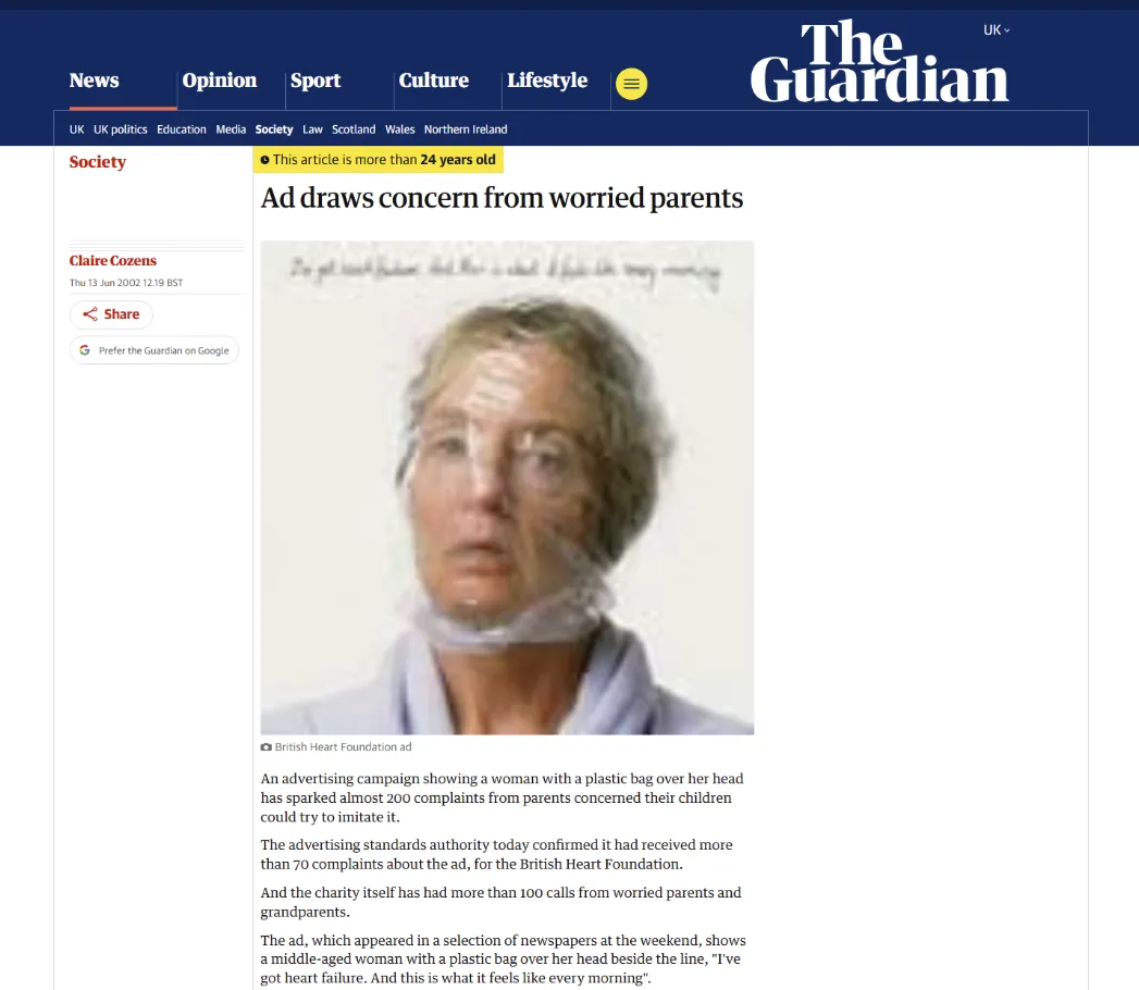 Screenshot of a Guardian article headed “Ad draws concern from worried parents.” The page contains a soft-focus advertisement image of a grey-haired woman facing forward with a transparent plastic bag over her head and gathered around her neck.