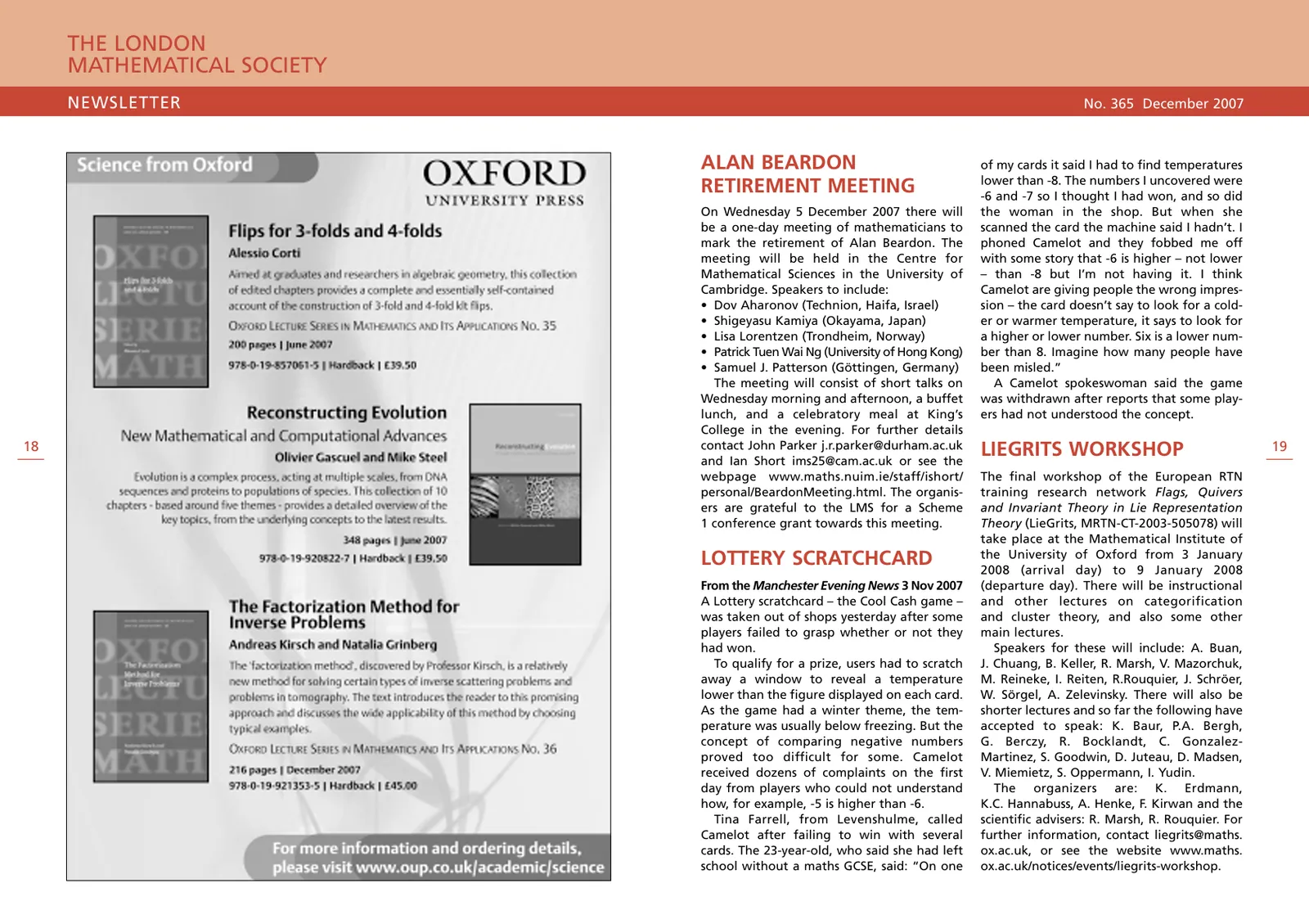 Two-page spread from The London Mathematical Society Newsletter, numbered 365 and dated December 2007.