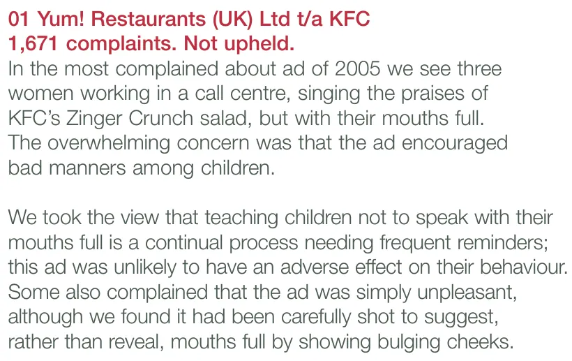 Cropped white report page with a red heading reading “Yum! Restaurants (UK) Ltd t/a KFC,” followed by “1,671 complaints. Not upheld.” Grey text describes three women singing about KFC’s Zinger Crunch salad in a call centre with their mouths full and explains why the complaints were not upheld.
