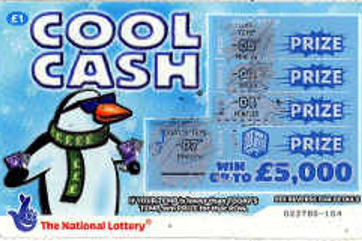 Blue £1 “COOL CASH” National Lottery scratchcard with a cartoon snowman at left, scratched temperature panels and four “PRIZE” boxes at right; text along the bottom says “WIN UP TO £5,000.”