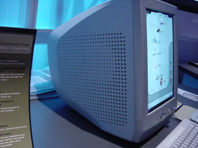 Side view of the Sony eVilla showing its deep, ventilated CRT cabinet and upright display.